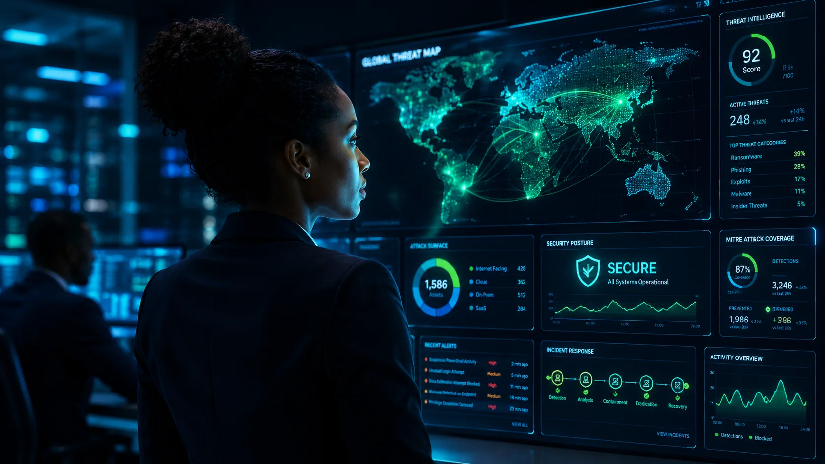 A security analyst monitoring WoneShield dashboards across the whole estate in a security operations centre.