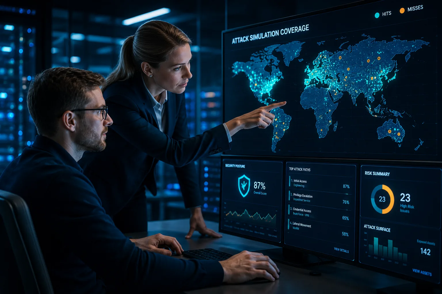 Two security professionals reviewing WoneShield attack-simulation coverage on a large display.