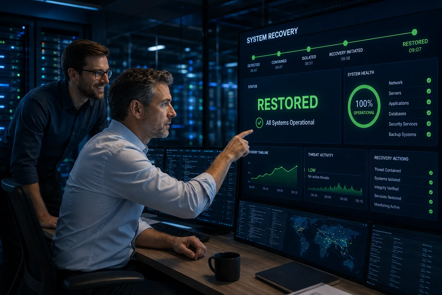 An IT team confirming a clean, fully-restored recovery on the WoneShield console.